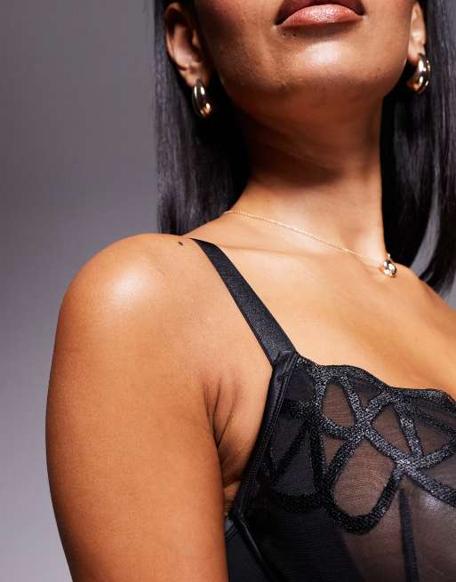 ASOS DESIGN Fuller Bust Simone premium fine embroidery underwired bra with satin binding in black, 2 of 4