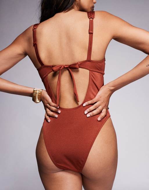 ASOS DESIGN Fuller Bust simone shine balconette padded underwire swimsuit in bronze