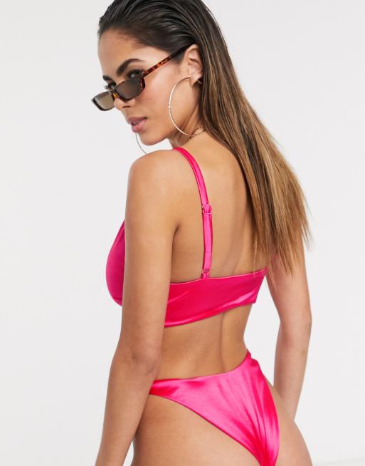ASOS DESIGN Fuller bust - Skinnende pink bikinitop med knude foran i satin DD-G, 2 af 4