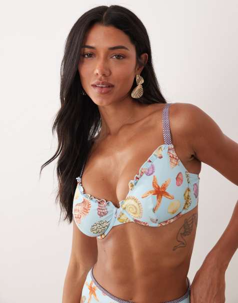 ASOS DESIGN Fuller Bust Solar Starfish underwire bikini top in blue sea print - view 1