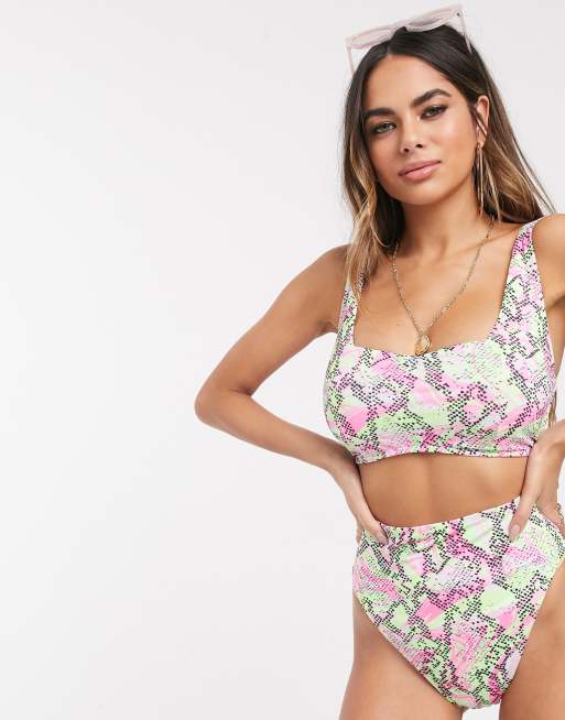 ASOS DESIGN fuller bust square crop underwire bikini top in marble snake dd-g , 4 of 4