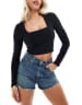 トップス W FACE SHIRRING CROPPED TOPS MOUSSY | SHIRRING CROP トップス (Tシャツ・カットソー(長袖