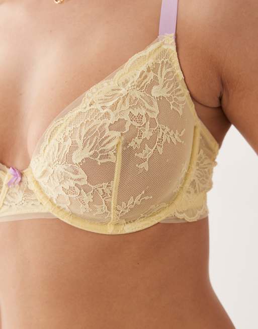 ASOS DESIGN Fuller Bust Stevie lace underwired bra with contrast trims in buttermilk & lilac, 3 of 4