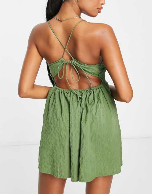 ASOS DESIGN - Fuller Bust - Strand-minikjole med cami-stropper i khakigrønt seersucker