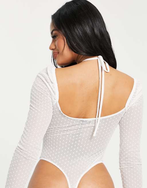 ASOS DESIGN Fuller Bust textured mesh cold shoulder bodysuit in white, 2 of 4