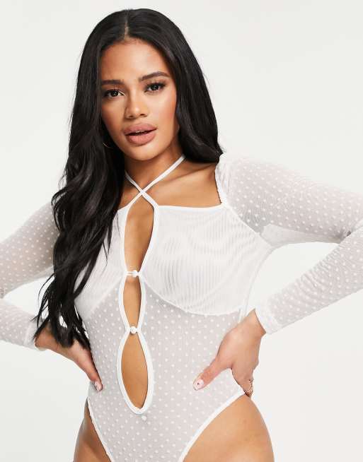 ASOS DESIGN Fuller Bust textured mesh cold shoulder bodysuit in white, 4 of 4