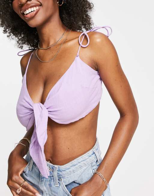 ASOS DESIGN fuller bust textured tie front crop beach top in lilac