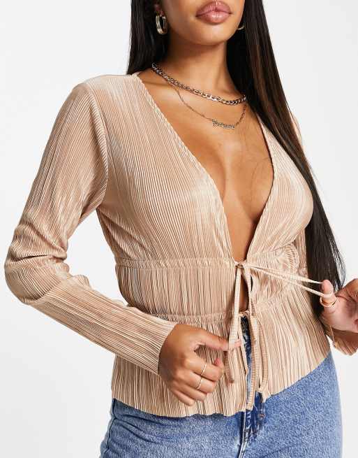 ASOS DESIGN Fuller Bust tie detail plisse long sleeve top in beige
