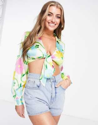 Asos Design Fuller Bust Tie Front Satin Beach Shirt In Floral Print - Part Of A Set-multi In Multi