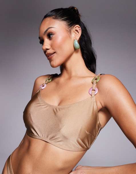 ASOS DESIGN Fuller Bust Tina resin hidden underwire bikini top in brown - view 1