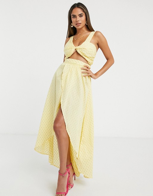 ASOS DESIGN fuller bust twist front beach maxi beach dress in yellow dobby