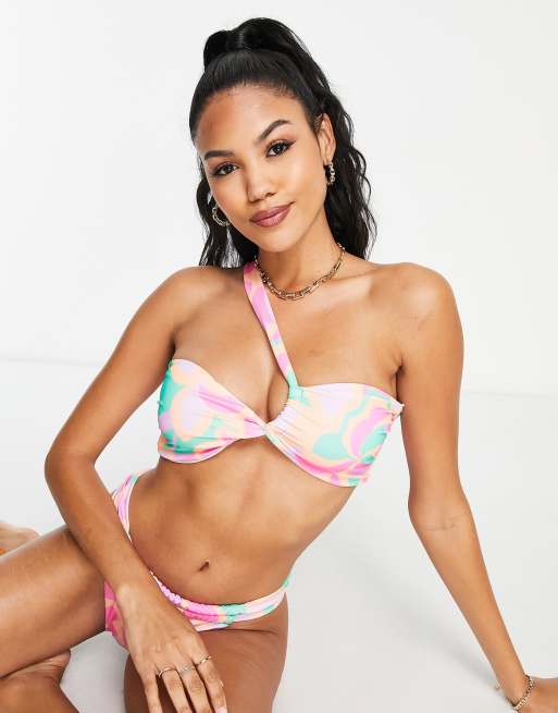 Asos Design Fuller Bust Swim Glam Knot Bikini Top In Gold Foil