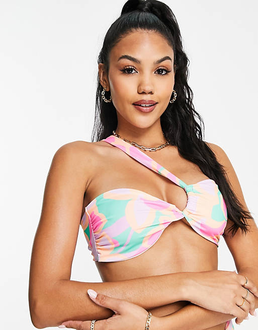 ASOS DESIGN Fuller Bust twist one shoulder bikini top in kaleidoscope print