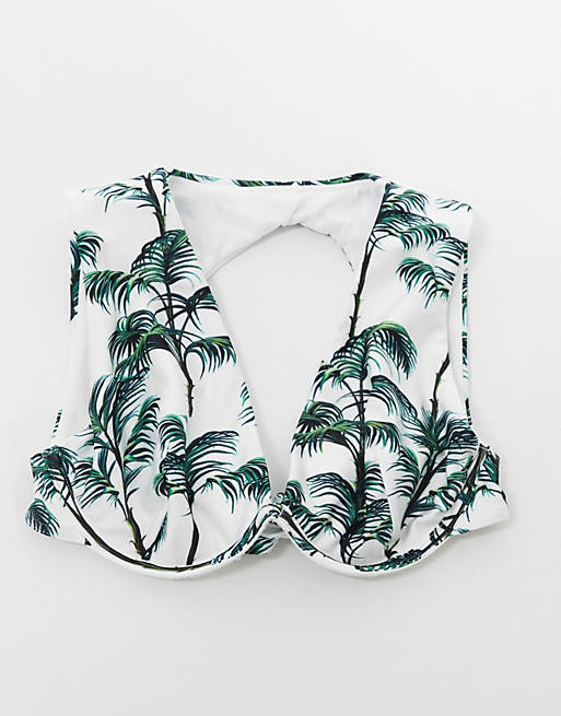 ASOS DESIGN fuller bust U wire plunge crop bikini top in palm print