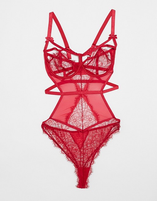 ASOS DESIGN Fuller Bust underwire body with cut out lace & bows in red
