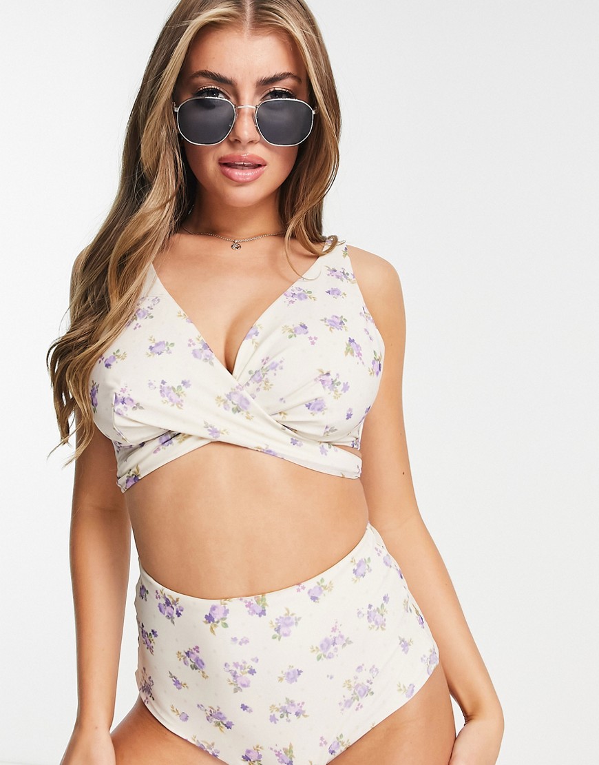 ASOS DESIGN Fuller Bust underwire wrap bikini top in ditsy floral print-Multi