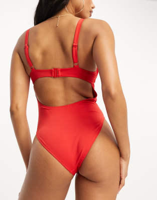 Asos Design Fuller Bust Underwired Mesh Cupped Swimsuit In Red