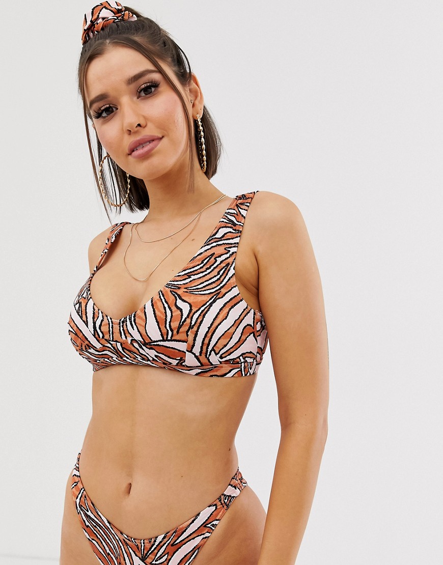 ASOS DESIGN fuller bust v crop bikini top in linear graphic print dd-g with matching scrunchie-Multi