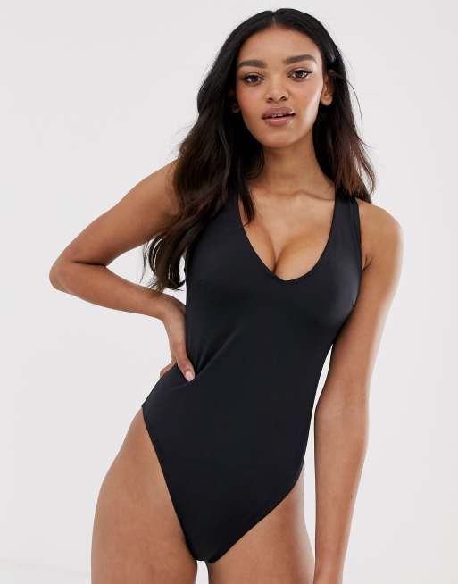 ASOS DESIGN Fuller Bust tie front cut out swimsuit in black