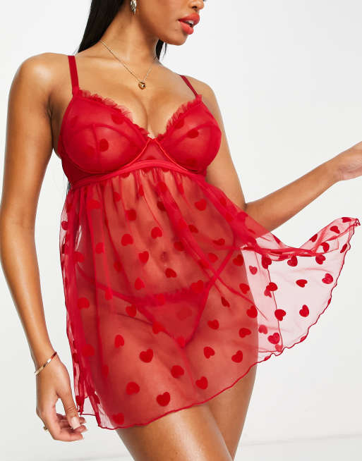 ASOS DESIGN Fuller Bust Valeria flocked heart babydoll with thong in red