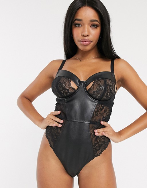 ASOS DESIGN Fuller Bust Valerie underwire body with faux leather & lace