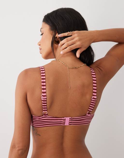 ASOS DESIGN Fuller Bust Violet Alice tie front bikini top in burgundy and pink stripe, 2 of 4