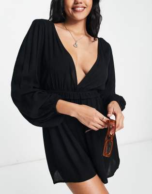 Asos Design Fuller Bust Volume Sleeve Plunge Beach Romper In Black