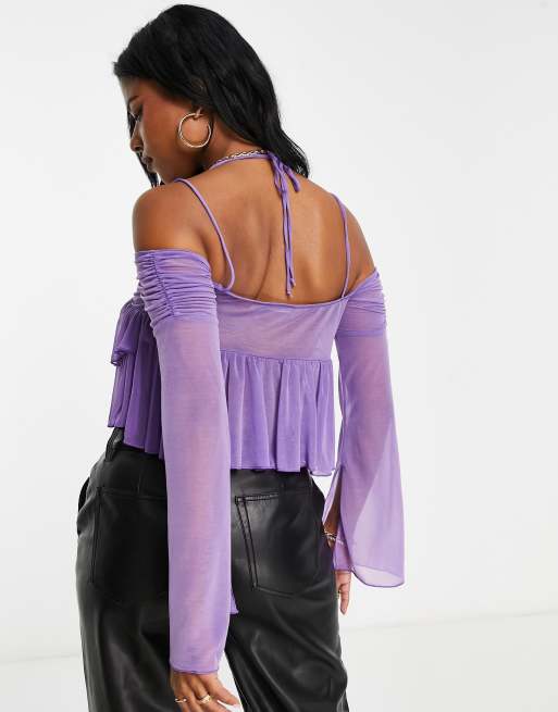 Purple Jacquard Ruffled Trim Bonedy Overbust Push Up Bustier Top