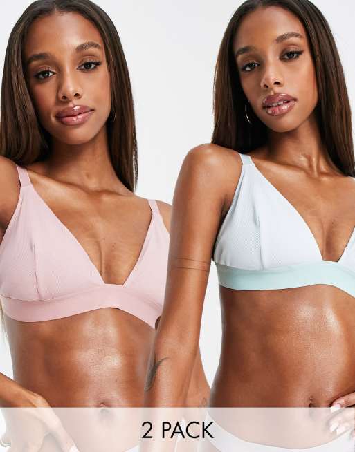 ASOS DESIGN Fuller Bust – Zestaw 2 par prążkowanych biustonoszy z trójkątnymi miseczkami w kolorze miętowym i jasnoróżowym