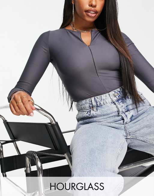 Basic Charcoal Crew Neck Long Sleeve Bodysuit