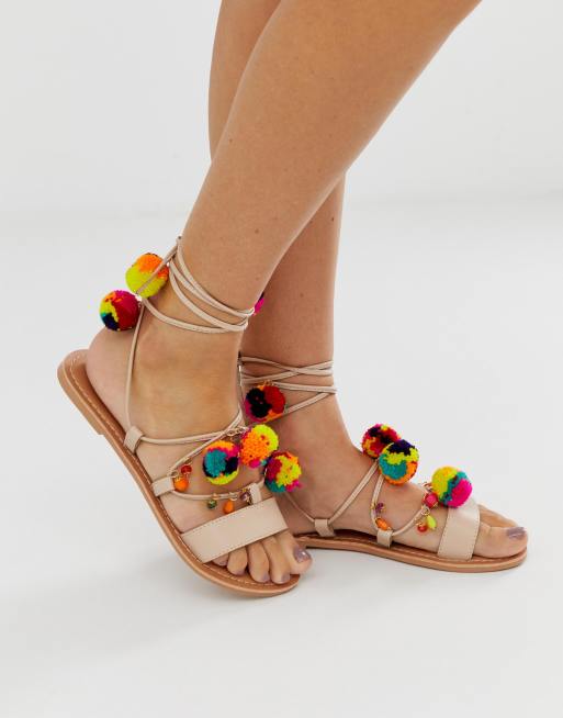 bredde Tegne motivet ASOS DESIGN Fun Fair pom pom leather tie leg flat sandals | ASOS