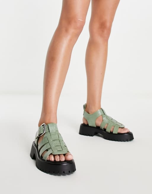 ASOS DESIGN Funfair chunky fisherman flat sandals in green croc | ASOS