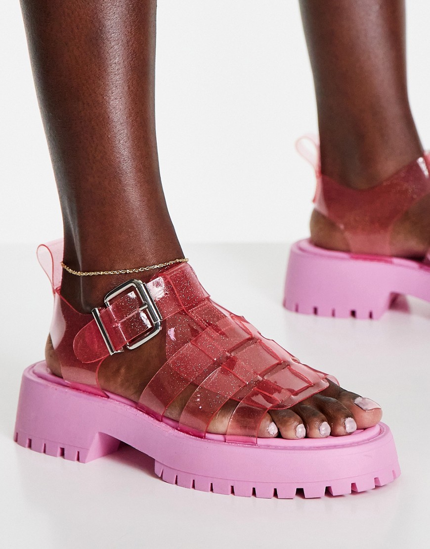 ASOS DESIGN Funfair chunky fisherman flat sandals in pink glitter