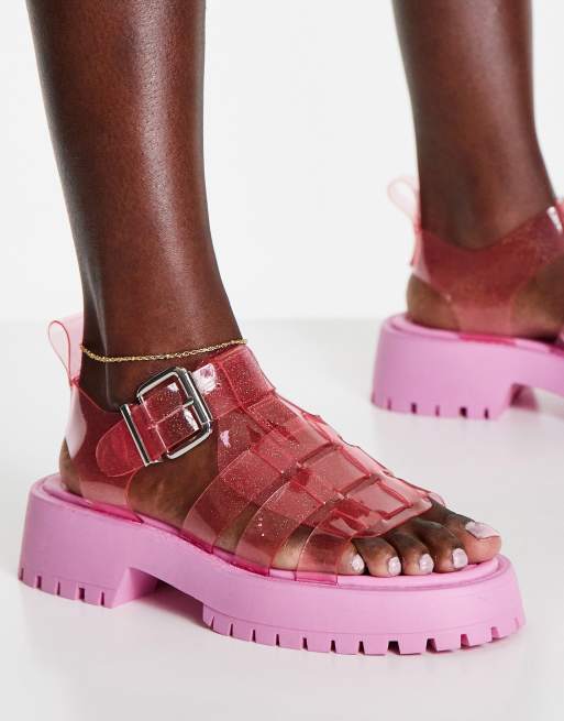 ASOS DESIGN – Funfair – Flache, rosa glitzernde Fischersandalen mit dicker Sohle