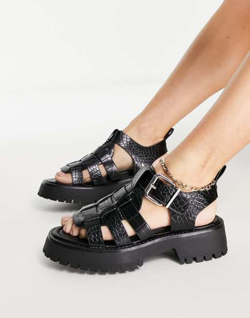 ASOS DESIGN - Funfair - Platte visserssandalen met dikke zool en krokodillenmotief in zwart