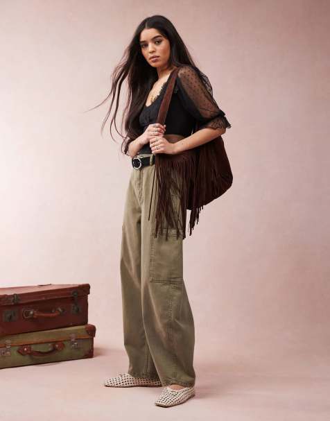 ASOS DESIGN – Funkcjonalne jeansy z baryłkowymi nogawkami w kolorze khaki - view 1