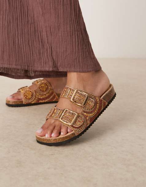 ASOS DESIGN – Funky – Bärnstensfärgade tofflor med två remmar och pärlor - view 1