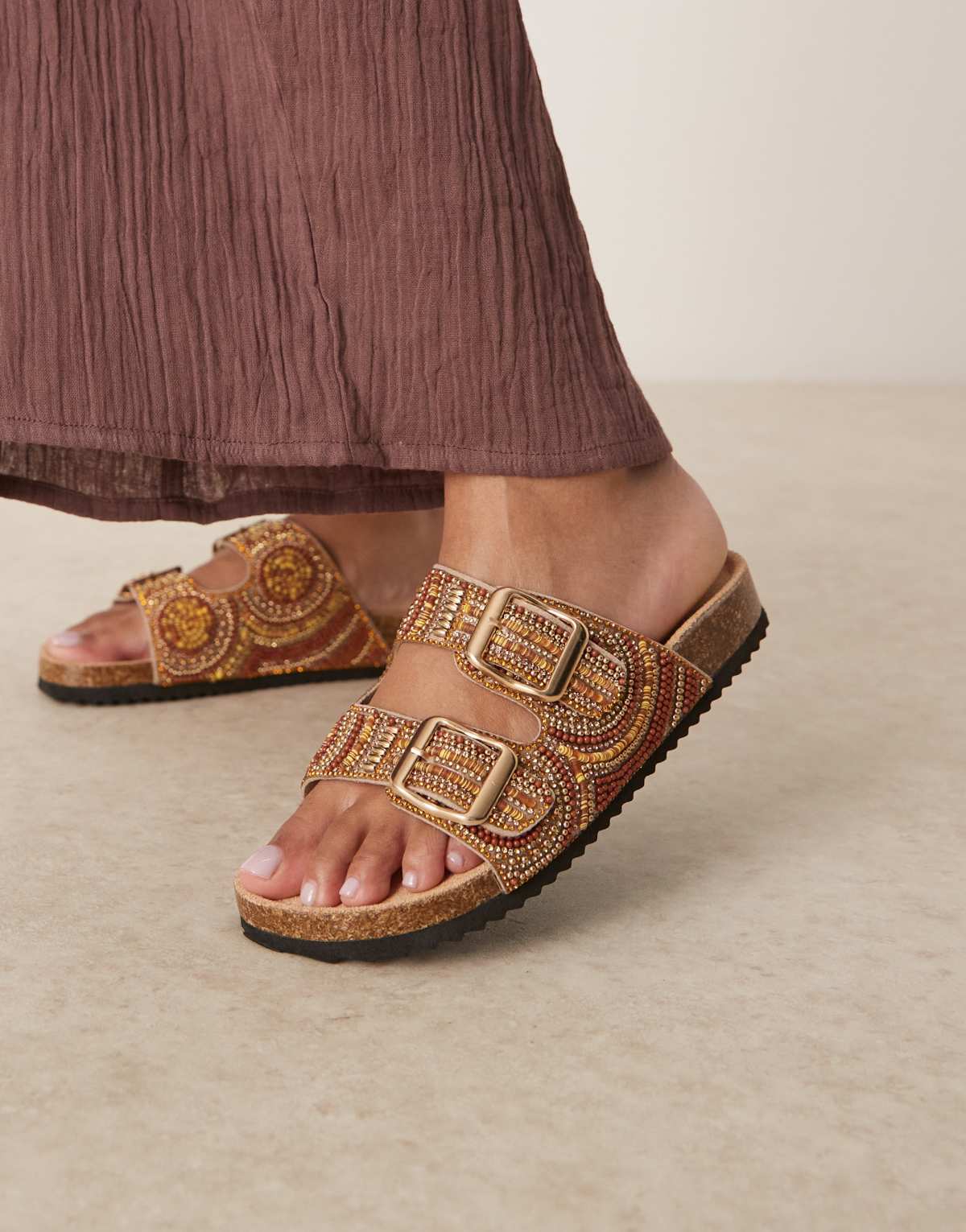 ASOS DESIGN Funky beaded double strap flat mules in amber