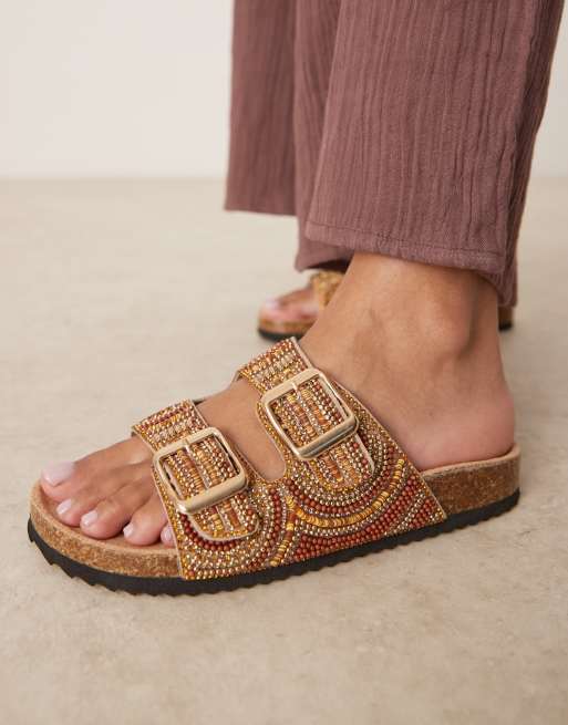 ASOS DESIGN Funky beaded double strap flat mules in amber
