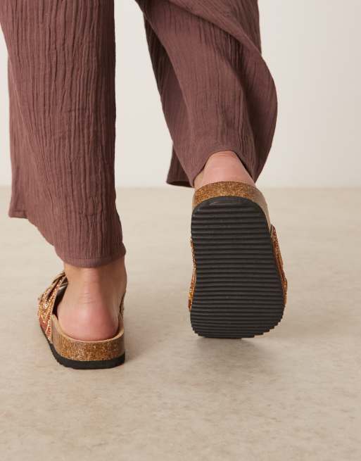 ASOS DESIGN Funky beaded double strap flat mules in amber