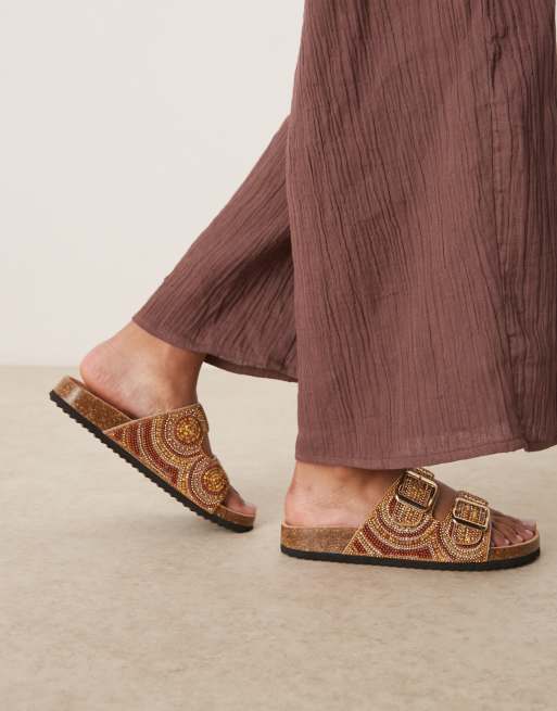 ASOS DESIGN Funky beaded double strap flat mules in amber