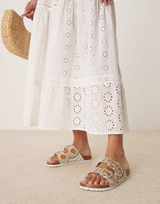 ASOS DESIGN Funky beaded double strap flat mules in gold