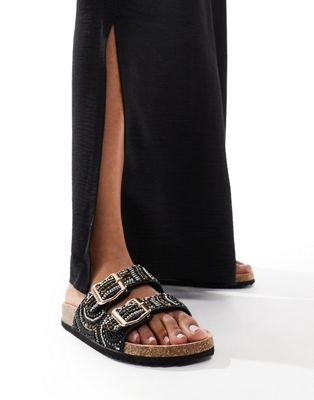 Funky beaded double strap flat sandals in black