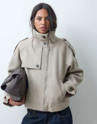 Asos Design Funnel Cropped Cape Formal Coat In Neutral