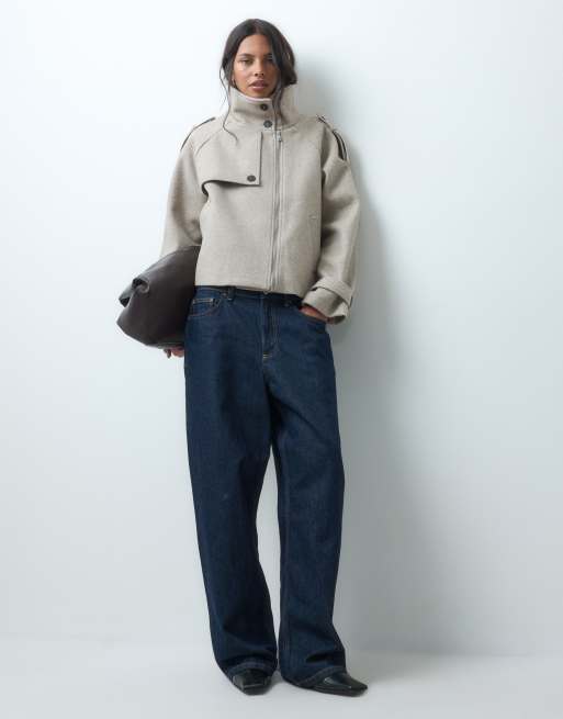 ASOS DESIGN funnel cropped cape formal coat in oatmeal, 2 of 4