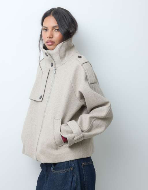 ASOS DESIGN funnel cropped cape formal coat in oatmeal, 3 of 4