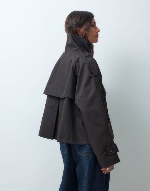 ASOS DESIGN funnel cropped cape trench coat in dark brown, 2 of 4