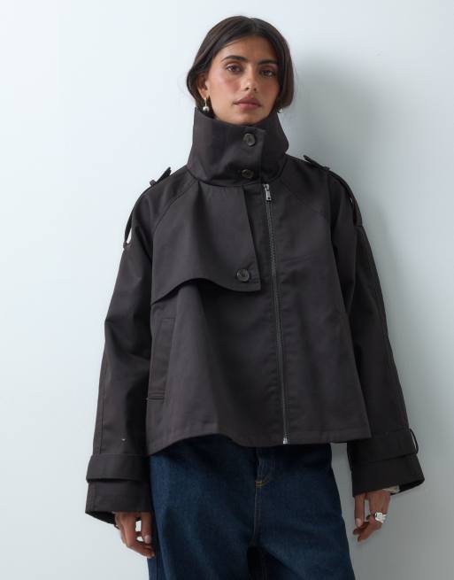 ASOS DESIGN funnel cropped cape trench coat in dark brown, 3 of 4