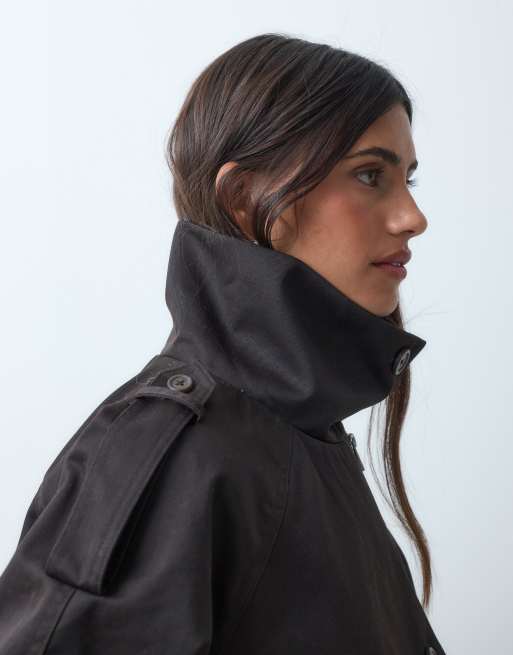 ASOS DESIGN funnel cropped cape trench coat in dark brown, 4 of 4