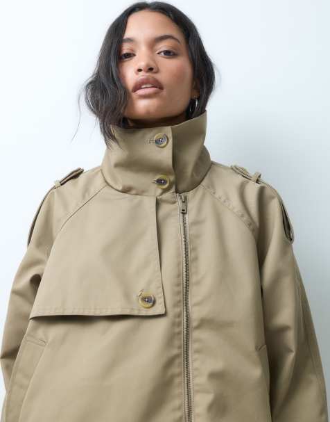 ASOS DESIGN funnel cropped cape trench coat in rye - view 1